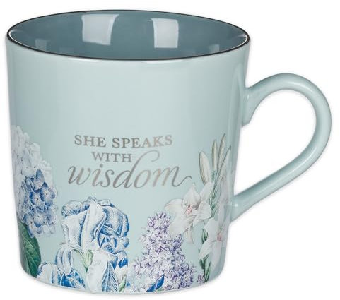 Christian Art Gifts Blaue Keramik-Kaffeetasse mit Blumenmuster, 400 ml, blei- und cadmiumfrei, ungiftig, inspirierende Schrift, Kaffee- und Teetasse für Frauen mit Bibelvers: She Speaks with Wisdom -