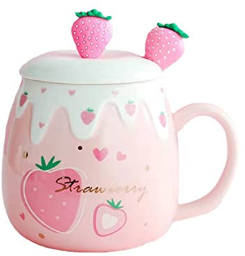 UFOTSAM Coffee Mug Cups Ceramic Tea Cup Fruits Strawberry Shaped Handmade Cute Mugs With Lid Spoon Handle Office Home Hot Ice Chocolate Milk Mugs Gifts Microwave Dishwasher Safe Travel Mugs (Pink)