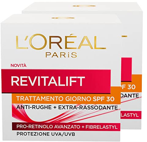 L'Oréal Paris Revitalift Crema Giorno Viso Anti-Rughe Protezione UVA/UVB SPF30 Trattamento Extra Rassodante con Pro-Retinolo Avanzato + Fibrelastyl - 2 Barattoli da 50ml