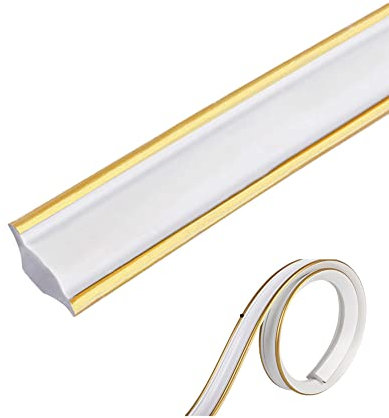 Flexible Wall Corner Molding Trim, 5M/16.4FT Long Self Adhesive Caulk Strip Peel and Stick Trim for Cabinet Edge, Tile Edge, Ceilings, Countertops (M/18mm*10.5mm, White+Gold Edge)