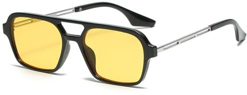 LOJUDI Retro Sonnenbrille Damen Pilotenbrille Herren Vintage Fliegerbrille Blau Gläser Piloten Rechteckig 70er Metall Design Brille UV400 Schutz-Schwarz/Gelb