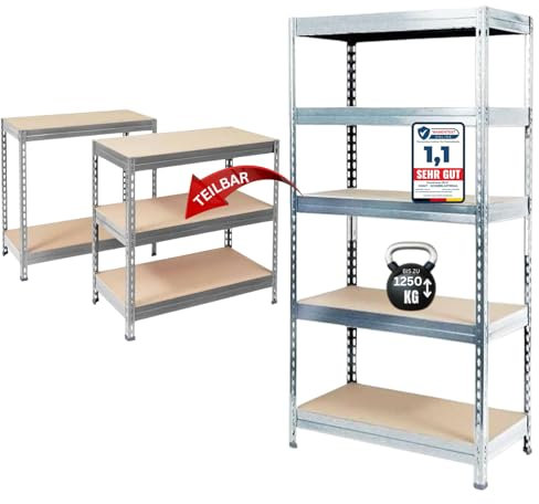 Floordirekt Schwerlastregal - Steckregal, Kellerregal, Lagerregal, Werkbank - Traglast bis 1250 kg - Schnelle Montage (Verzinkt, 180 x 120 x 60 cm)