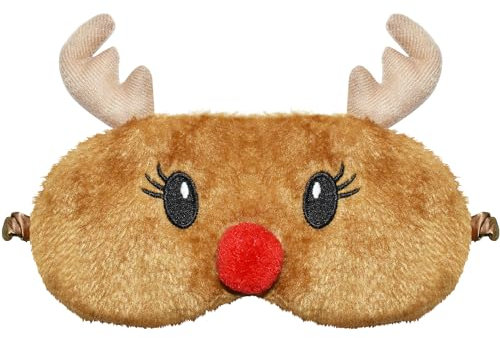 FUNAUPGO Weihnachten Rentier Augenmaske, Süße Tier Lustige Rudolph Schlafmaske Weich Plüsch Augenbinde Schlafbrille Augen Abdeckung für Kinder Erwachsene Mädchen Jungen Mädchen Damen (Rentier, Braun)