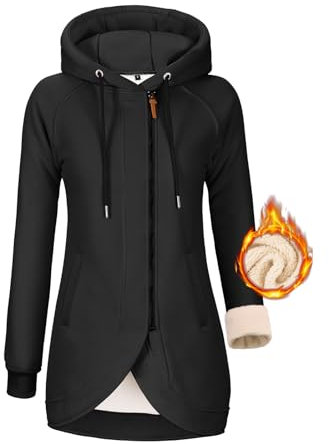 UMIPUBO Felpa Donna con Cappuccio Invernale Felpe con Zip Fodera in Pile Hoodie Sweatshirt a Manica Lunga Caldo Lungo Giacca con Tasche Cotone Termica Cappotto Pullover (Nero, XL)