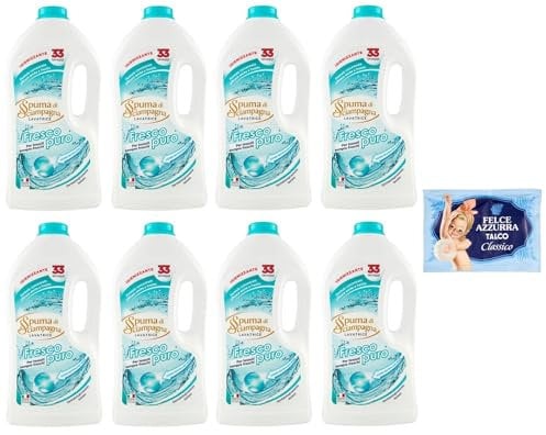 8er-Pack Spuma di Sciampagna Detersivo Lavatrice Fresco Puro,Desinfizierendes Flüssigwaschmittel, 33 Wäschen,1485ml + 1er-Pack Kostenlos Felce Azzurra Talkumpuder, 100g-Beutel