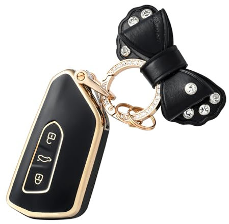 OFF WE GO Autoschlüssel Hülle mit Schlüsselanhänger Schlüsselhülle Cover für VW Golf 8 Seat Leon MK4 Tarraco Ateca Skoda Octavia Cupra 3 Tasten TPU Auto Schlüssel Hülle Schlüsselgehäuse, Schwarz Gold
