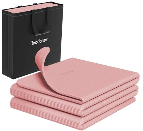 Readaeer Tapis de yoga pliable pour voyage, 6 mm d'épaisseur, avec sac de transport, tapis d'exercice antidérapant en TPE pour pilates (Rose)