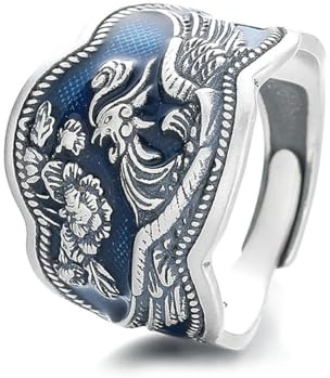 Gu Feng Ring S925 Sterlingsilber Vintage antik blaue Pfingstrose Phönix offener Ring