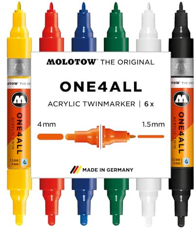 Molotow One4All Acrylic Twin Marker Basic Set 1 (1,5 und 4,0 mm Strichstärke, hochdeckend und permanent, schnell trocknend, nachfüllbar, für fast alle Untergründe) 6 Stück sortiert