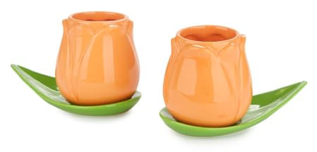 Balvi Set Tazas café Tulip Color Naranja/Verde 2 Tazas con Forma de tulipán y 2 Platos con Forma de h