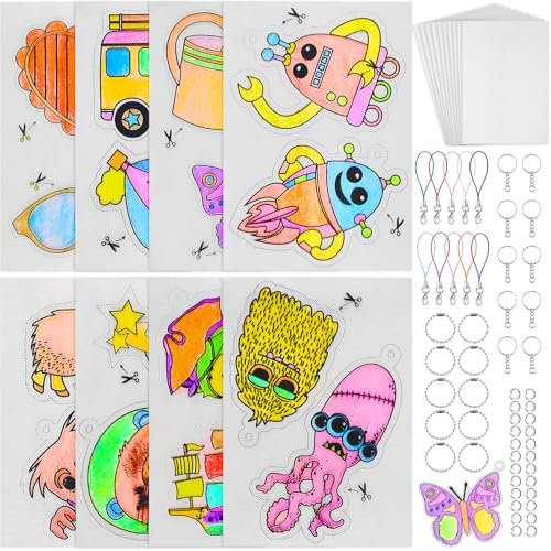 Juspota Schrumpffolie set schlüsselanhänger, XL-plus Schrumpffolie set enthalten Schlüsselanhänger, Kugelkette, offener Kreis, buntes Seil, A5 (29x20cm), für Kinder Schrumpffolie zum bemalen.