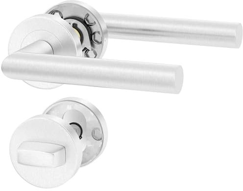 ERGO line NINA Edelstahl Türbeschlag für Badtüren WC, L-FORM, Rund-Rosette, Türgriff für Türen, Drückergarnitur, Türbeschlag, Türklinken Innentüren, Türdrücker