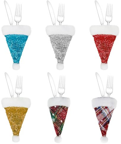 Christmas Cutlery Holders 6 Pcs Christmas Table Decoration Tableware Holders Santa Hats Silverware Holders Knifes Forks Tableware Bags for Christmas Party Decorations A8SDMDCT