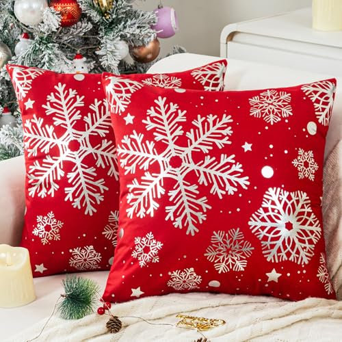Jayusaror Weihnachtskissenbezug 45x45 Rot Silber Kissenbezug Weihnachten Schneeflocke Weihnachtskissen Kissenhülle Sofakissen Dekokissen Kissenbezüge Deko für Sofa Schlafzimmer Wohnzimmer 2er Set