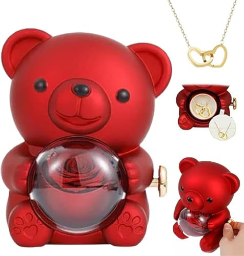 Ashopfun Collana con cuore inciso con vera scatola regalo di orsi di rose, regalo per donne con collana a cuore, per Natale, San Valentino, compleanno (rosso)