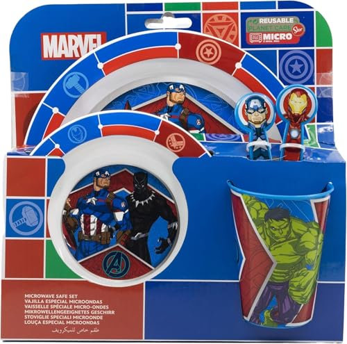 Ensemble de vaisselle pour enfants micro-ondes - Ensemble composé de 5 pièces: assiette, bol, verre et couverts - Ensemble de repas pour bébé - Sans BPA pour AVENGERS Hulk