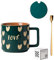 Jarsense Ceramic Mugs 400ml Mugs Mugs with Lid and Spoon Love Heart Pattern Mugs for Breakfast Oatmeal Milk Tea Coffee (Green)