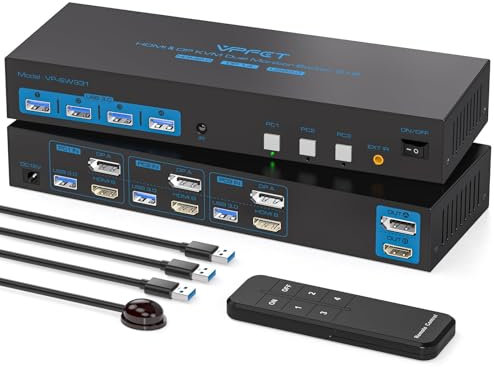 AILVLVNG Commutateur KVM HDMI Displayport 3 PC 2 moniteurs 4K60Hz USB 3.0 KVM Switch 2 moniteurs DP1.4 pour 3 PC avec 4 périphériques USB 3.0 pour clavier, souris, imprimante, scanner et U-Disk