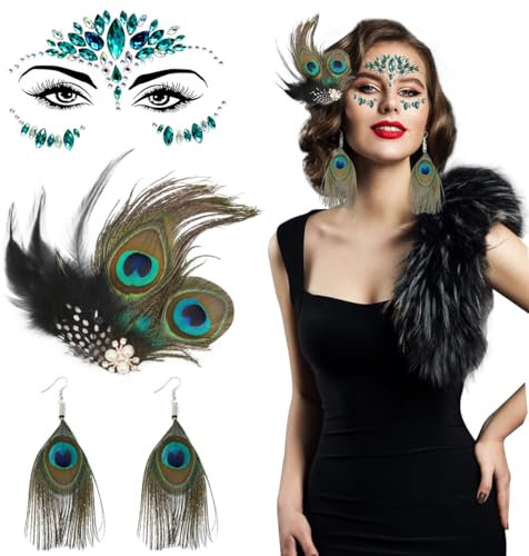 Pfau Kostüm Damen, Pfauenfedern Haarschmuck + Strassstein-Gesichtsaufklebern + Pfauenfeder Ohrringe, Pfau Kopfschmuck, 20er Jahre Accessoires für Damen Karneval Fasching Halloween Mottoparty Cosplay