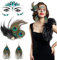 Pfau Kostüm Damen, Pfauenfedern Haarschmuck + Strassstein-Gesichtsaufklebern + Pfauenfeder Ohrringe, Pfau Kopfschmuck, 20er Jahre Accessoires für Damen Karneval Fasching Halloween Mottoparty Cosplay