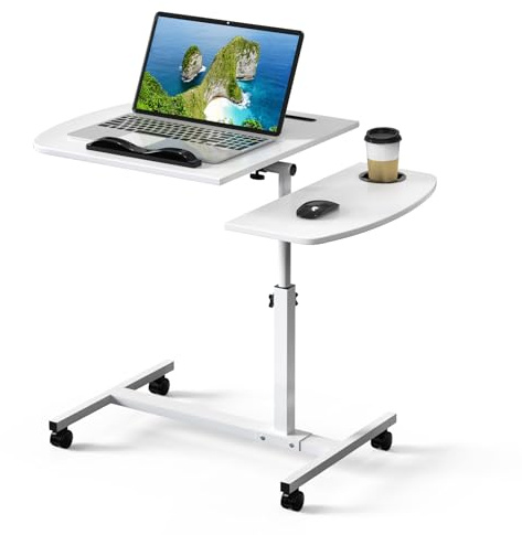 OXFENSEE Laptoptisch Höhenverstellbar Winkeleinstellbarer, Computertisch Klein, Mobiler Schreibtisch Beistelltisch mit Rollen, mit Tablet-Schlitz, Becher Schlitz, 60x40x61-95cm, Weiß