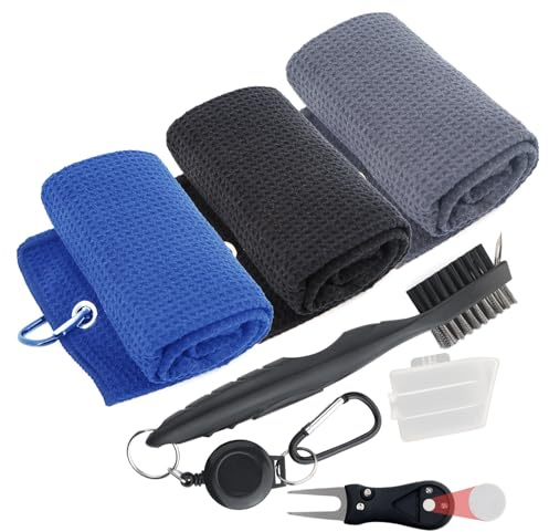 3 Golf Towels for Golf Bags with Clip - 60 X 40CM, Golf Club Cleaning Kit, Golf Accessories for Men - Golf Gifts for Men