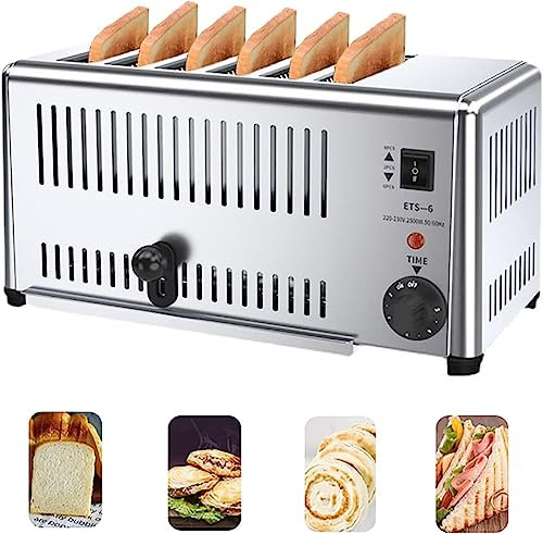 DXYQXL Stainless Steel 6 Slice Toaster with Extra Wide Slots - Commercial Grade Hand Pop-Up Toaster for Hamburger Buns - Removable Crumb Tray, Adjustable Settings