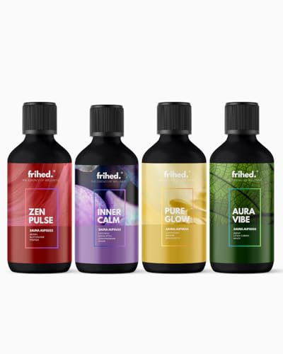 frihed.®, infusione per sauna di alta qualità, con App Meditation, infuso per tutti i tipi di sauna, profumo di lunga durata, olio di alta qualità, idea regalo (set da 4 pezzi)
