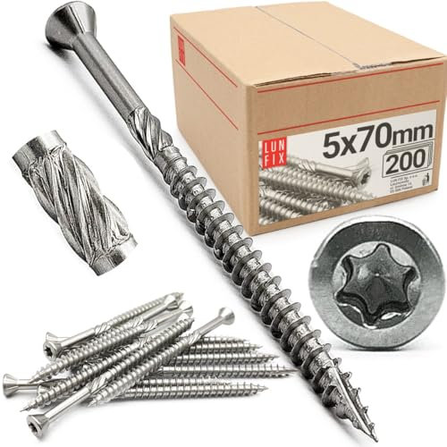 Lun Fix vis terrasse inox 5.0x70mm torx | 200 pcs | vis à bois partielle | vis inox A2 fraise dur sans tête | vis autoforeuse inox | sans tête | visserie extérieure bois