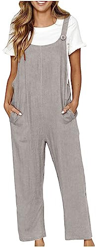 TURWXGSO Cotton Linen Dungarees for Women Loose Fit Ladies Baggy Overalls - Sleeveless Bib Overalls with Pockets, Plus Size Wide Leg Casual Jumpsuit & Playsuit