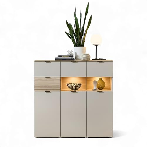 Stella Trading INA Highboard in Kaschmir, Riva Eiche Optik FSC-Zertifiziert - Moderner Wohnzimmerschrank mit Schubladen und LED-Beleuchtung - 125 x 125 x 45 cm (B/H/T)