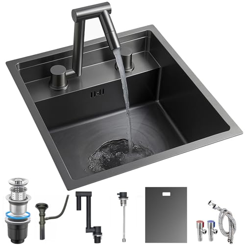 YINXSLO Camping Spülbecken Edelstahl Spüle mit Armatur Set und Abdeckung | Spülbecken Schwarz Versteckte Spüle Klein Multifunktionale Bar/Wohnmobil Spülbecken mit Ablaufgarnitur