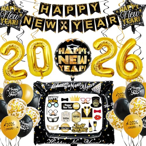 KQMGJYB Silvester Deko 2026 Party Set, Neujahr Silvesterdeko , Frohes Neues Jahr Party Dekoration Mit 2026 Anzahl und Happy New Year Banner Schwarz Gold Latex Ballons für Silvesterparty