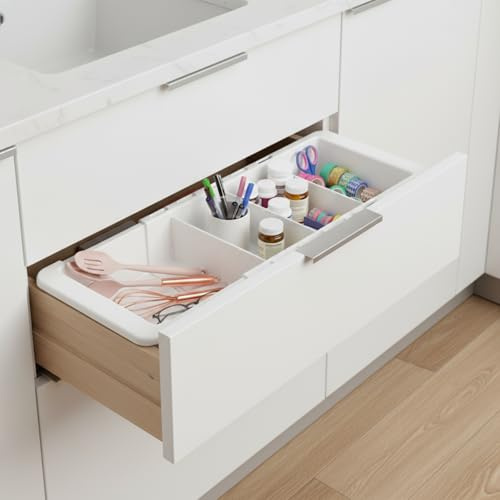 Enhon Expandable Drawer Organizer Tray with Adjustable Dividers, Sliding Kitchen Storage Drawer Divider for Utensils, Silverware, White