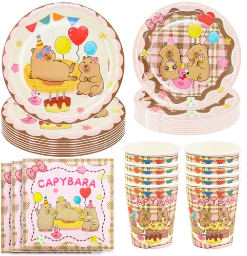 Hmfmdy Vaisselle de fête Animalière, 50 Pièces Déco D’anniversaire à l’image du Capybara, Vaisselle D'anniversaire avec Assiettes, Gobelets et Serviettes en Carton, Fournitures de Table - 10 invités