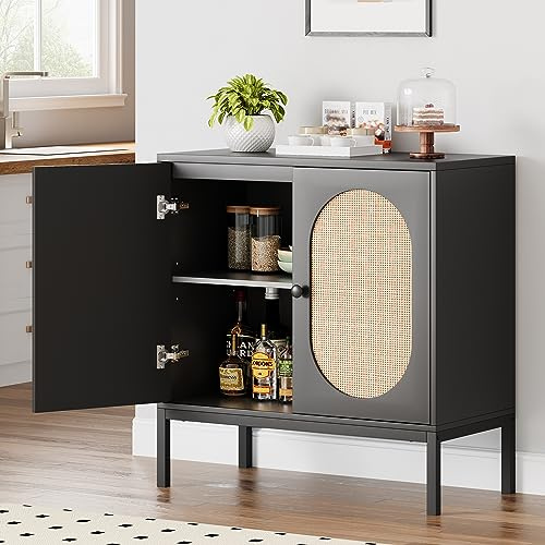 Thaookte Sideboard Rattan Mit 2 Türen Buffet Anrichte Mit Verstellbarem Regal Kommode Holz Buffetschrank Aufbewahrungsschrank Beistellschrank Küchenschrank Für Küche, Wohnzimmer, Esszimmer, 80x40x83cm
