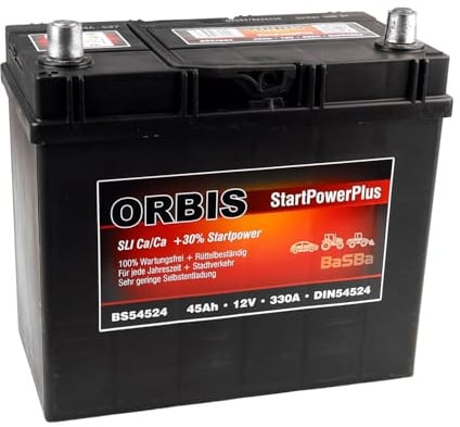 Autobatterie 12 V 45 Ah 330 A – wartungsfreie Starterbatterie Orbis BS54524 DIN 54524, Pluspol links, gefüllt & geladen, zuverlässig für PKW | BaSBa 4919