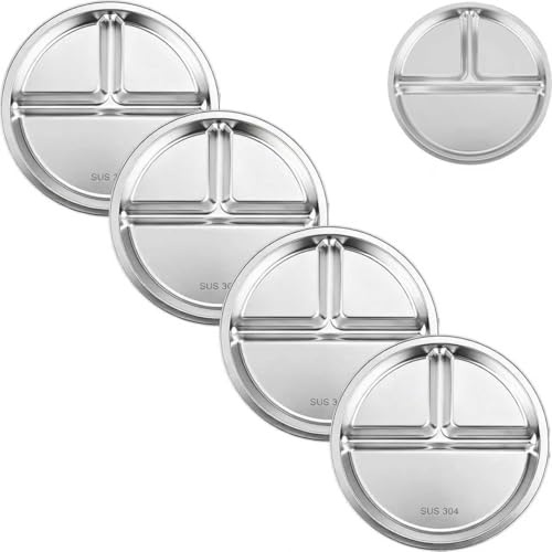 PandaEar Assiettes Compartimentées en Acier Inoxydable pour Enfant Lot de 4 | Lot de 4 assiettes pour enfant de 20,5 cm ; 3 compartiments ; en acier inoxydable 304 ; sans BPA ; lavables au lave-vaisselle