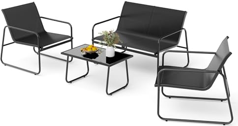 Mondeer Garden Patio Furniture Set 4 Pieces, Garden Table and Chairs with Armrests, Outdoor Loveseat and Coffee Table Waterproof Breathable Synthetic Fabric, for Balcony Terrace Backyard (Black)