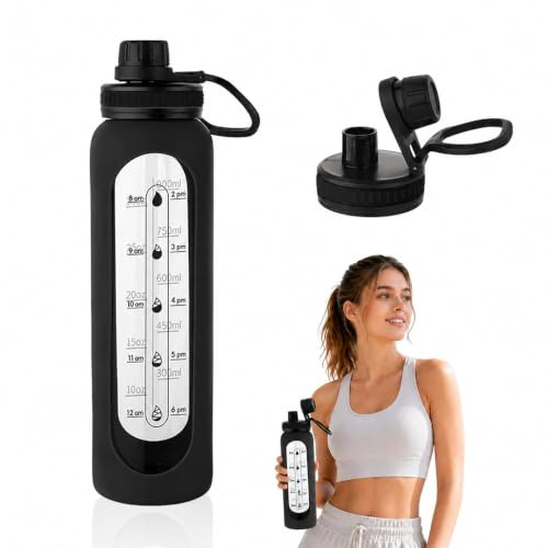 BUERPINKING Trinkflasche Glas 1L, Glasflasche mit Neoprenhülle und Edelstahldeckel, Glas Trinkflasche 1000ml, Wasserflasche für Wasser, Saft & Sport, Büro, BPA-frei (Schwarz)
