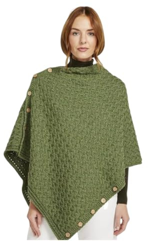 Aran Knitted Poncho With Wooden Buttons Army Green Colour