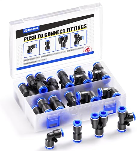 Tailonz Pneumatic 3/8 inch od Push to Connect Fittings Pneumatic Fittings kit 5 Spliters+5 Elbows+5 tee+5 Straight (20 pcs)