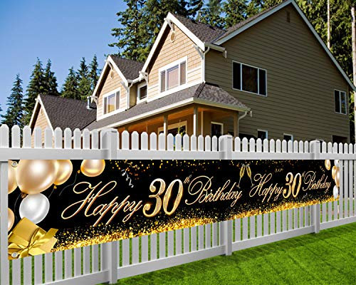 HOWAF 30 Anniversaire Décoration Noir et Or Extra Longue Bannière en Tissu pour 30 Ans Décoration, 30 Photo Booth Toile de Fond Affiche Décoration pour Jardin Table Mur, 9 x 1,2 Pieds