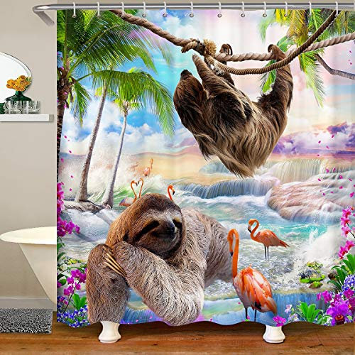 Faultier Stoff Badezimmer Duschvorhang Tropisch Flamingo Wasserdicht Duschvorhänge Kinder Jungen Hawaii Sommer Strand Duschvorhang Zubehör mit Haken Traumhafte Äste Dekorvorhänge 180 x 180 cm