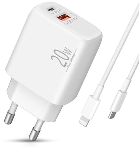 Chargeur iPhone LUOSIKE avec Câble Lightning de 2m, Prise USB C 20W, Adaptateur Secteur de 2 Ports avec PD/QC3.0, Chargeur Rapide Compatible avec iPhone 14/13/12/11/Pro/Max/mini/SE 2020/XR/XS/X/8/Plus