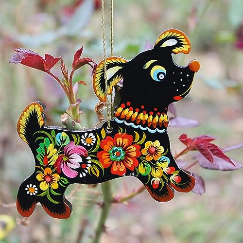 Lustiger Weihnachtsschmuck Hund aus Holz 10 х 7.5 х 0.5 cm Handbemalt Ukrainische Petrykiwka-Malerei Handgefertigter Christbaumschmuck Tiere Anhänger