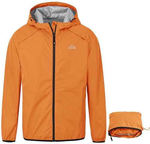 YSENTO Mens Waterproof Rain Jacket Lightweight Packaway Rain Coats Walking Running Cycling Hooded Jacket(Orange,XL)