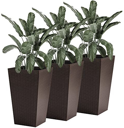 Outsunny Conjunto de 3 Macetas Cuadradas para Plantas Flores 3 Maceteros con Efecto de Símil Ratán para Jardín Terraza Interior y Exterior 36,5x36,5x61 cm Marrón