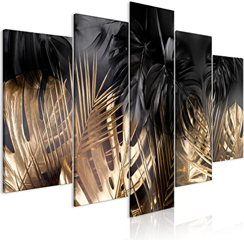 murando - Wandbilder XXL tropische Blätter 200x100cm 5 tlg - Wand Deko Leinwand Bilder Groß Wanddeko Wohnzimmer Schlafzimmer Kunstdrucke - Monstera Dschungel schwarz b-C-10171-b-a