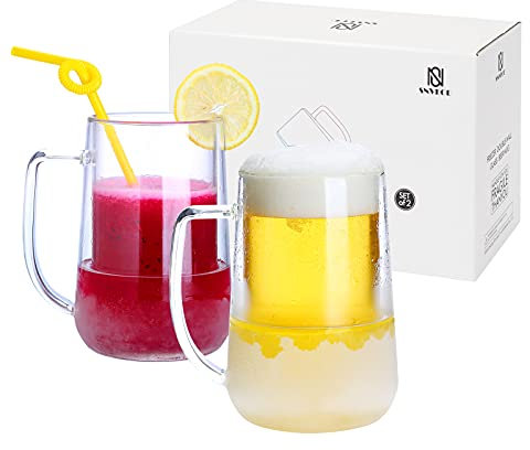 Bierkrug für Gefrierschrank, Einfrieren von Biergläsern, doppelwandiger Borosilikat-Bierkrug mit Griff und Gefrierflüssigkeit, 473 ml, Gefrierbecher, Kaltbecher, Gefrierschrankbecher, 2 Stück